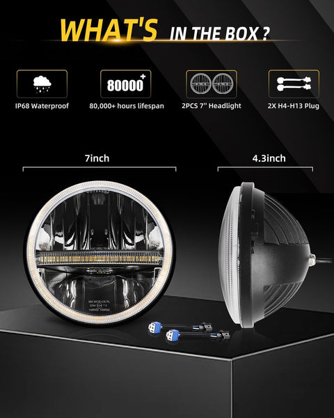 CO LIGHT 2PCS 7 Inch LED Headlight Round Amber Turn Signal White DRL High/Low Beam E-Mark Approved Compatible with Wrangler JK LJ TJ CJ 1965-1978 Escort Mk1（H4-H13 Adapter Included）