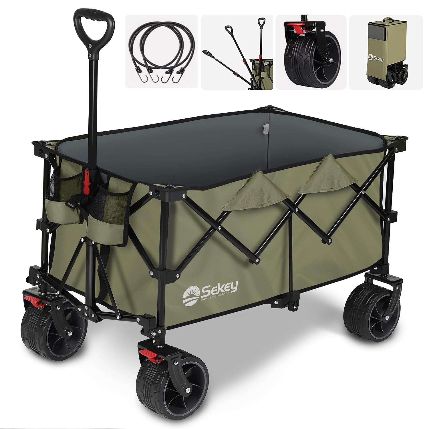 Sekey 200L Folding Festival Trolley with All-Terrain Extra Wide Wheels and Brake, Heavy-Duty Cart Loadable up to 150KG, Patented Four-Directional Foldable Design, Wagon for Beach Camping Outdoor, Grey