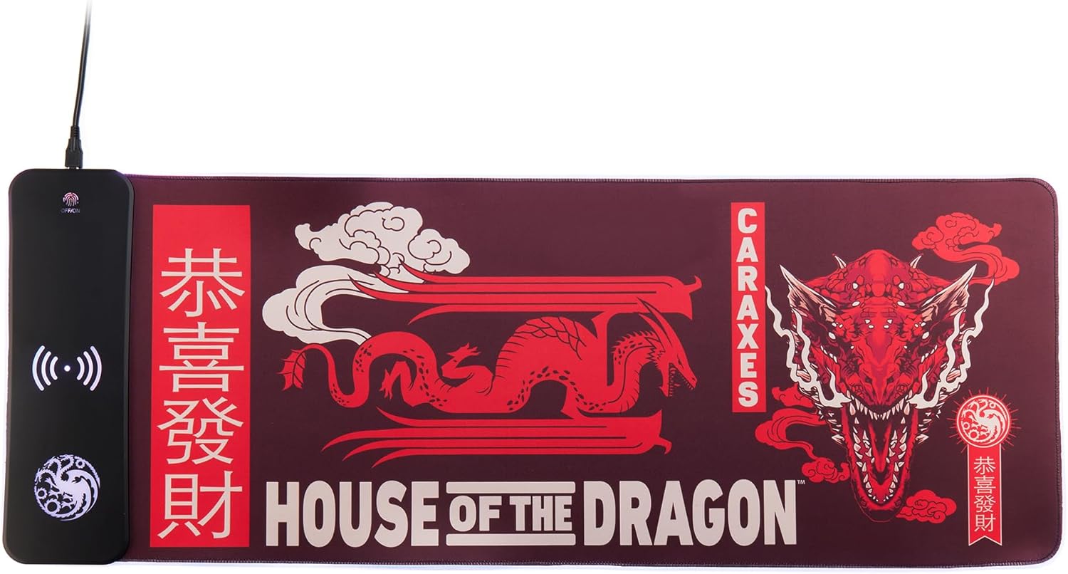 Power Idolz House of the Dragon XL RGB Gaming Mat with 15W Wireless Charger | Customizable LED, Anti-Slip, Spill-Resistant