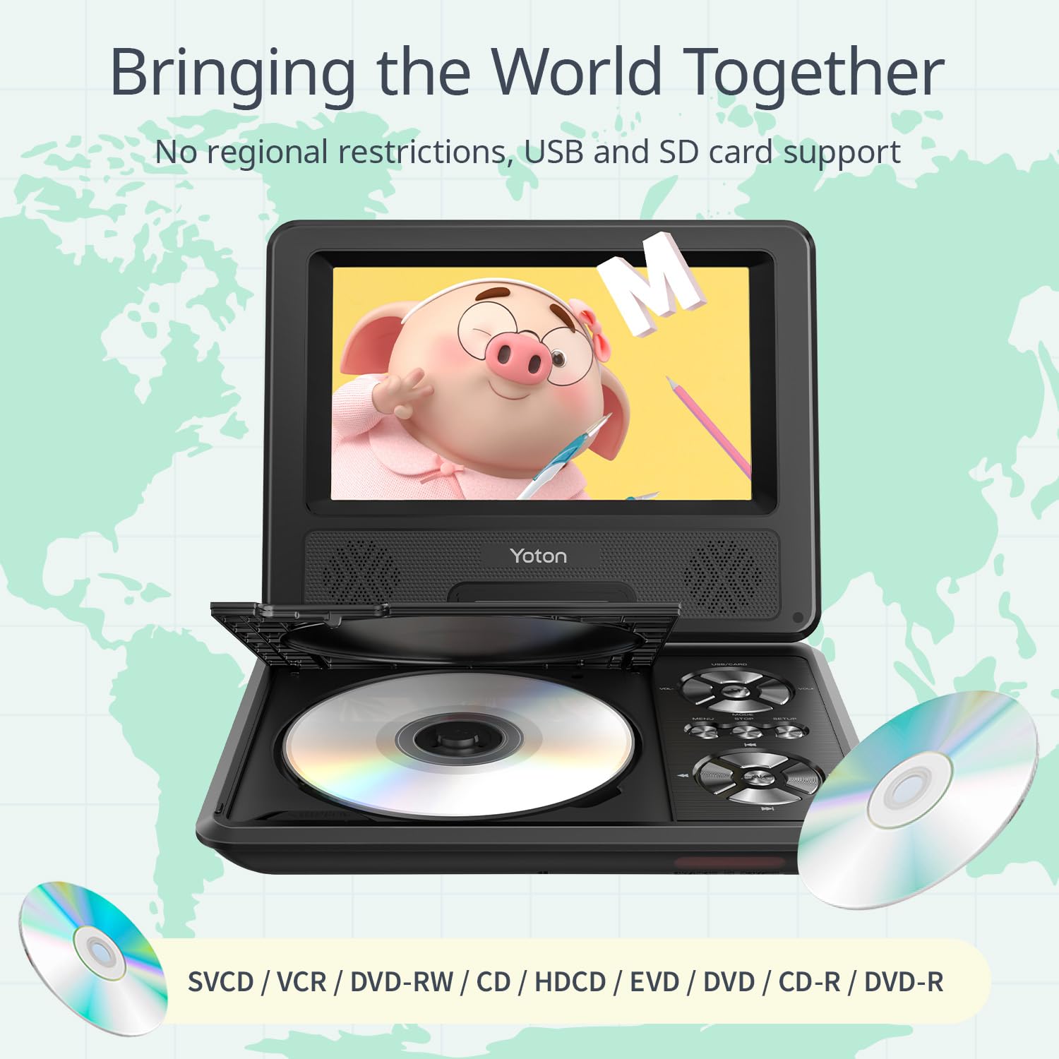 9.5" Portable DVD Player with 7.5" HD Swivel Screen for Car and Kids, 4-6 Hours Working time with Built-in Battery, Headphone/AV-IN/AV-OUT/USB/SD Card [Not Support Blu-ray]