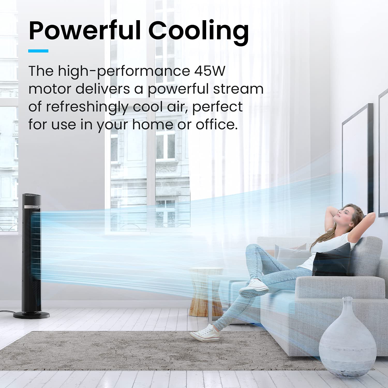 Pro Breeze Bladeless Tower Fan Quiet & Portable with Remote Control, 90° Oscillation, 15h Timer, 4 Modes, 3 Speeds - Powerful Electric 45W Motor Standing Air Circulator for Bedroom & Office