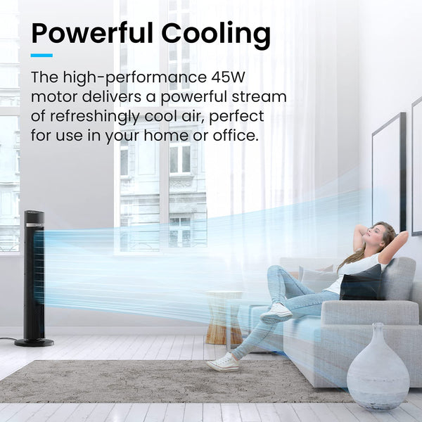 Pro Breeze Bladeless Tower Fan Quiet & Portable with Remote Control, 90° Oscillation, 15h Timer, 4 Modes, 3 Speeds - Powerful Electric 45W Motor Standing Air Circulator for Bedroom & Office
