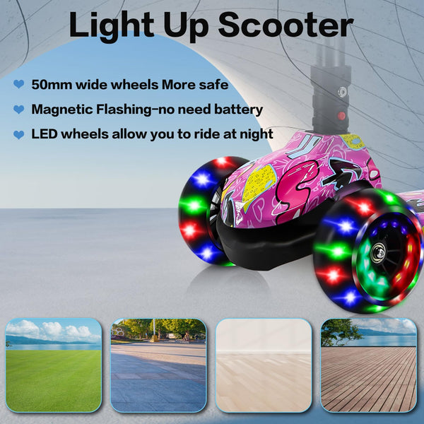 3 Wheels Kids Scooter for Boys Girls Ages 3-8 Years Old Boys Girls with Adjustable Height Flashing LED Lights Folding Kick Scooter