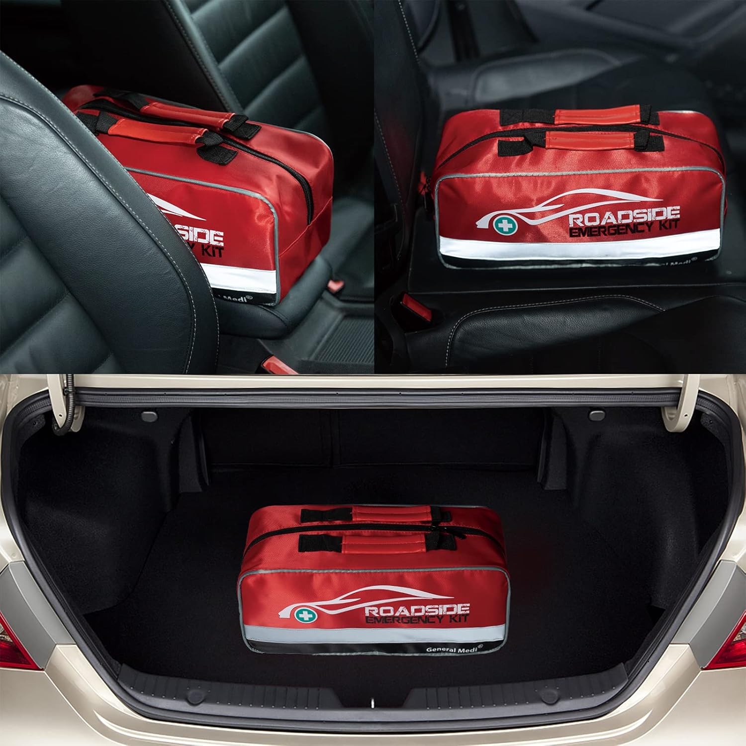 General Medi 127-Pieces Roadside Car Emergency Kit Include Mini First Aid Kit, Jumper Cables,Tow Rope, Bandage, Safety Vest, Emergency Triangle, All in One Pack