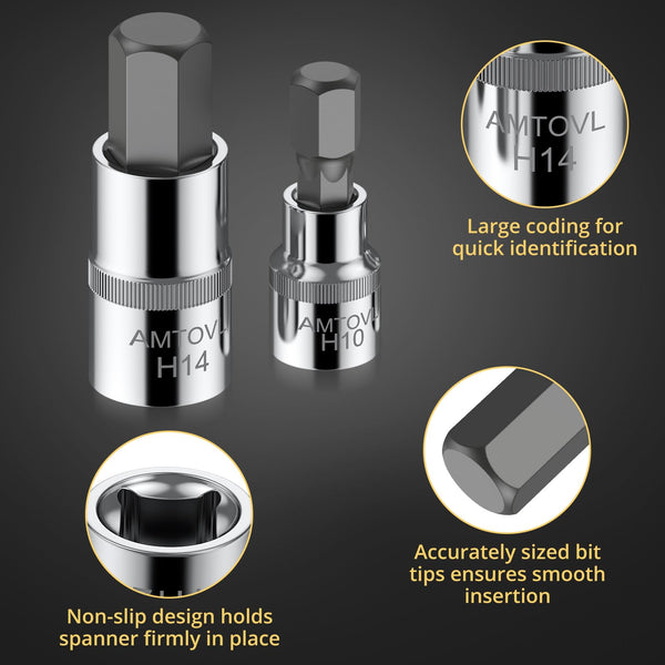 AMTOVL 15-Piece Triple Square Spline Bit Socket Set - S2 Alloy Steel & 50BV30 CRV XZN Bits - Includes 1/4", 3/8", 1/2" Drive Sizes (4,5,6,8,9,10,16,18mm) with Adapter - Fit for Automotive & DIY