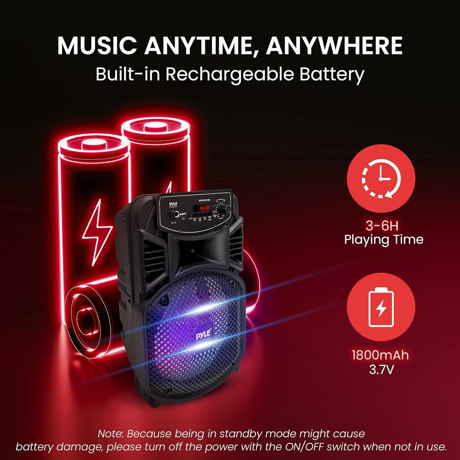 Pyle Wireless Bluetooth Party Speaker, PA Speaker System-300W Rechargeable Outdoor, Portable System w/ 8” Subwoofer 1” Tweeter, Loudspeaker- w/Lights, Mic & Guitar Port, USB/Radio, with Remote