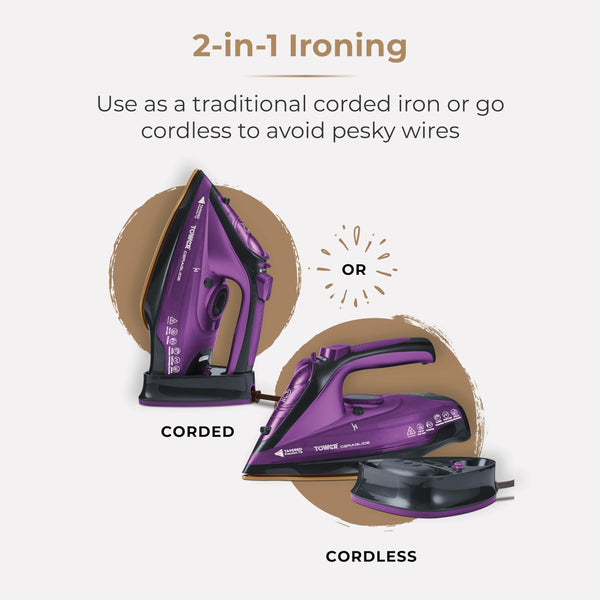 Tower T22008 CeraGlide Cordless Steam Iron with Ceramic Soleplate and Variable Steam Function, 2400 W, Purple
