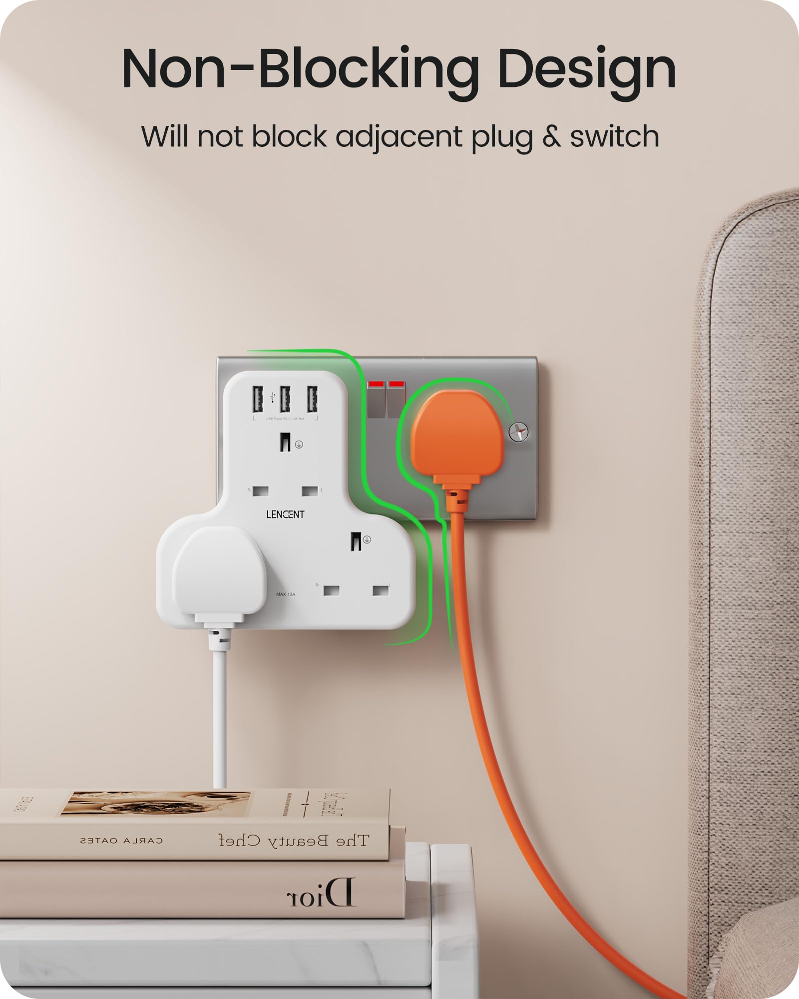LENCENT Plug Extension Socket, 3 Way Multi Plug Socket with 3 USB Ports, Power Extender Wall Adaptor for Household Appliances, Iphone, Smartphone, Tablet, Home, Office, Bedroom, 13A 3250W