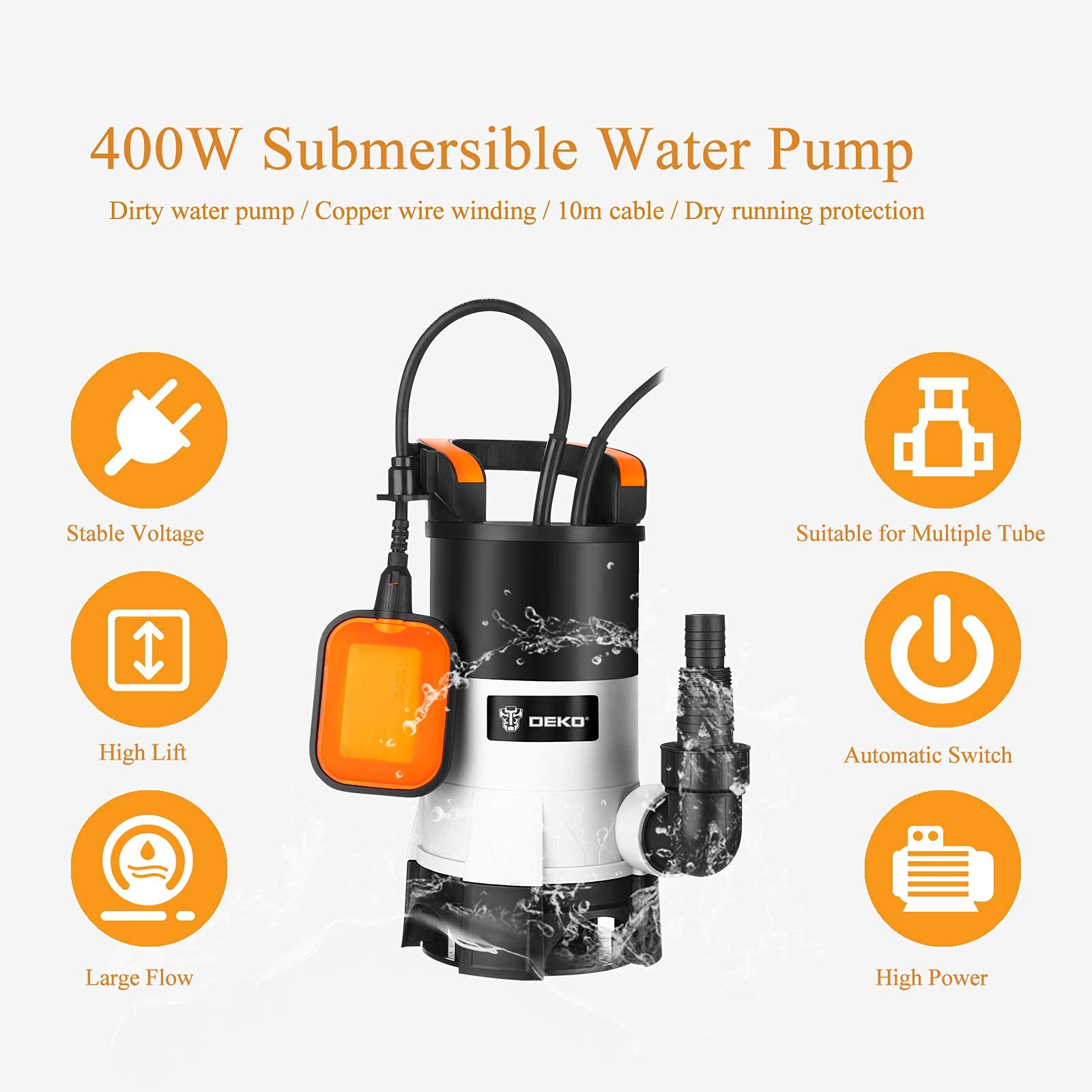 Water Pump: DEKO Submersible Water Pump 400W 10000L/H, Portable Water Sump Pump to Empty Pool, Water Drainage Pump for Clean and Dirty Water for Garden Pond, Pools and Ditches Float Switch