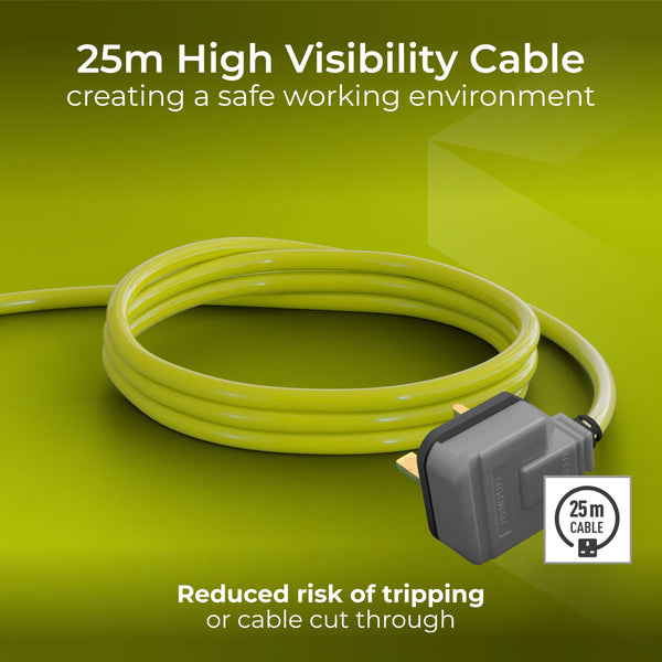 Masterplug Pro-XT Four Socket Open Cable Reel Extension Lead with Winding Handle, Thermal Cut Out and Power Switch, 25 Metres High Visibility Cable , Green