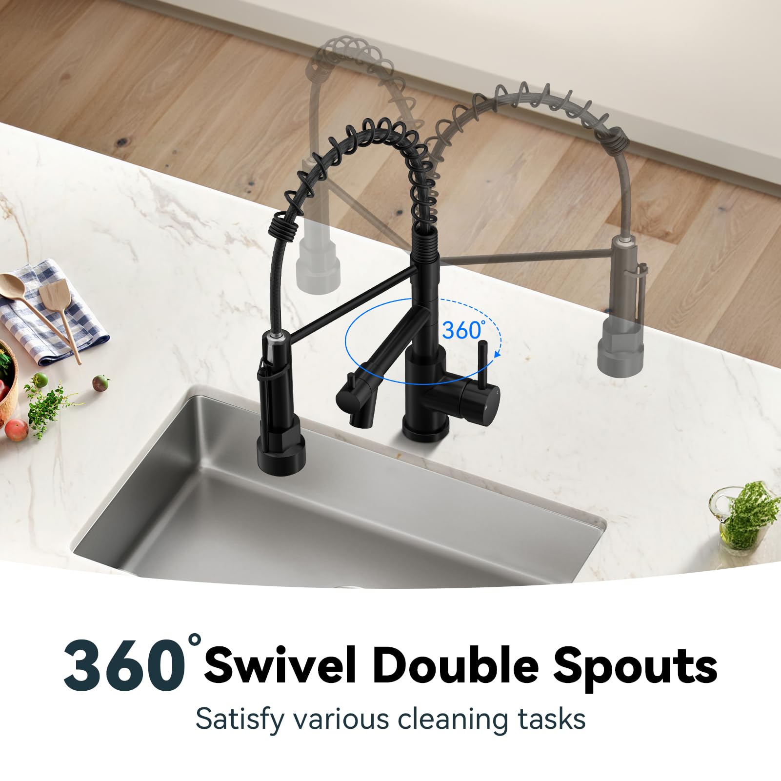 Warmiehomy 5 Modes Kitchen Taps Mixer with Pull Out Spray,High Arc 360° Swivel Dual Spout Pull Down Stainless Steel Kitchen Sink Taps,Brushed Nickel