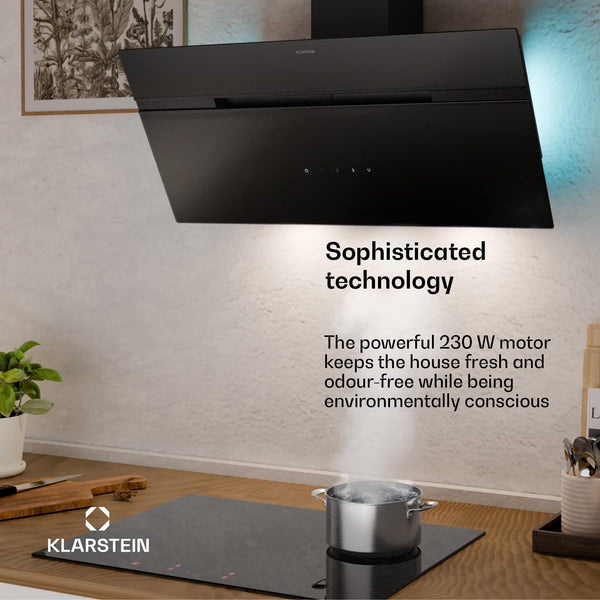 Klarstein Alina 90 Angled Cooker Hood - 600m³/h Air Flow, Touch Panel, LED Backlighting, Quiet 63dB, Energy Class A, 90cm Extractor Hood, Black