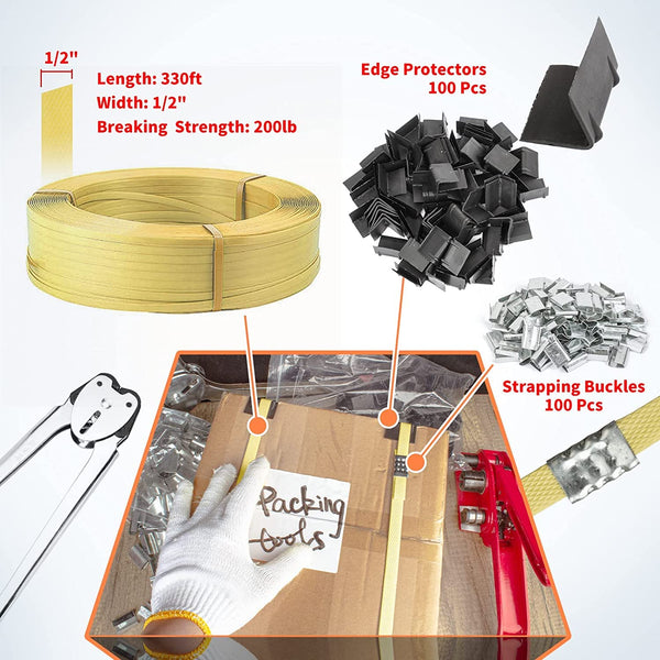 Complete Hand Pallet Packaging Strapping Kit with Tools, 200m PP Band, Metal Seals, and Edge Protectors for Secure Packing