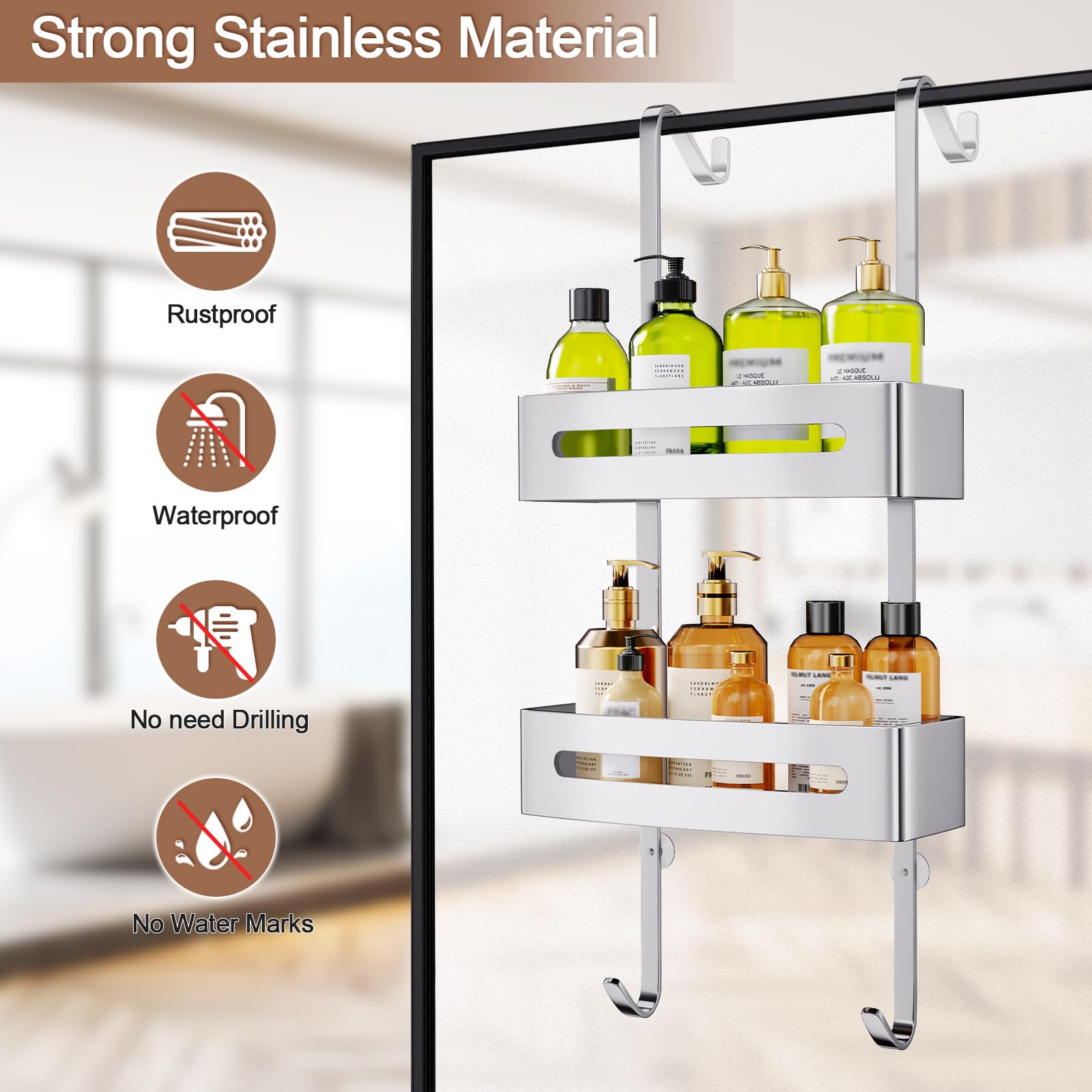 Ajex Shower Caddy Hanging,Over Door Shelf Storage with 2 Tier Rack Hanging, No Drilling Stainless Material Shower Shelf Bathroom Organizer,Storage