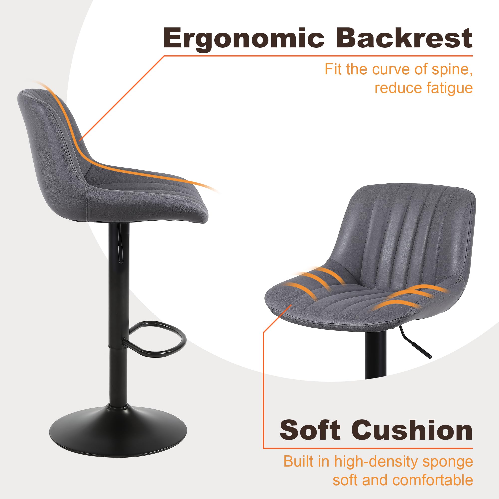 Youhauchair Bar Stools Set of 2, Swivel Counter Height Barstools with Back, Adjustable PU Leather Bar Chairs, Modern Armless Kitchen Island Stool, Black