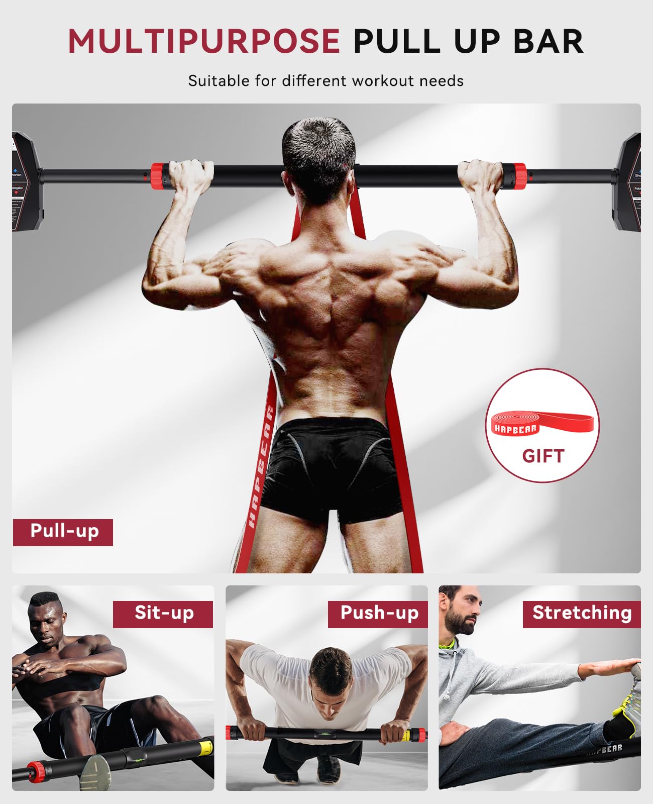 HAPBEAR Pull Up Bar for Doorway, Strength Training Chin up Bar without Screws, Pullup Bar with Non-slip, Doorway Pull Up Bar for Home Gym Upper Body Workout