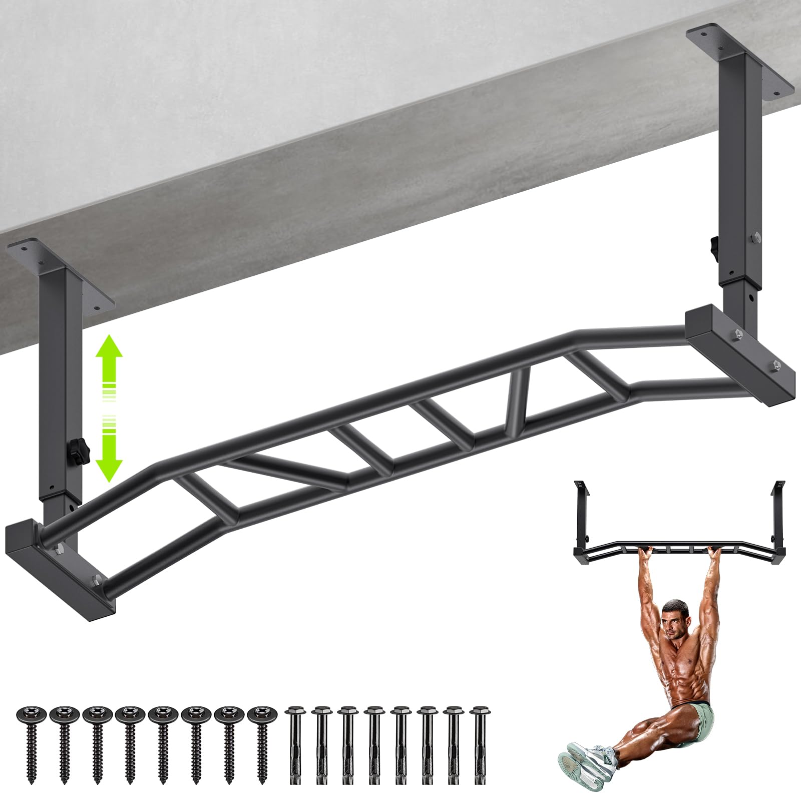 Kipika 48" Ceiling Mounted Pull Up Bar, Heavy Duty Multi-Grip Chin Up Bar,Mounted Pull Up Bar, Adjustable Height, Ideal for Home Gym and Strength