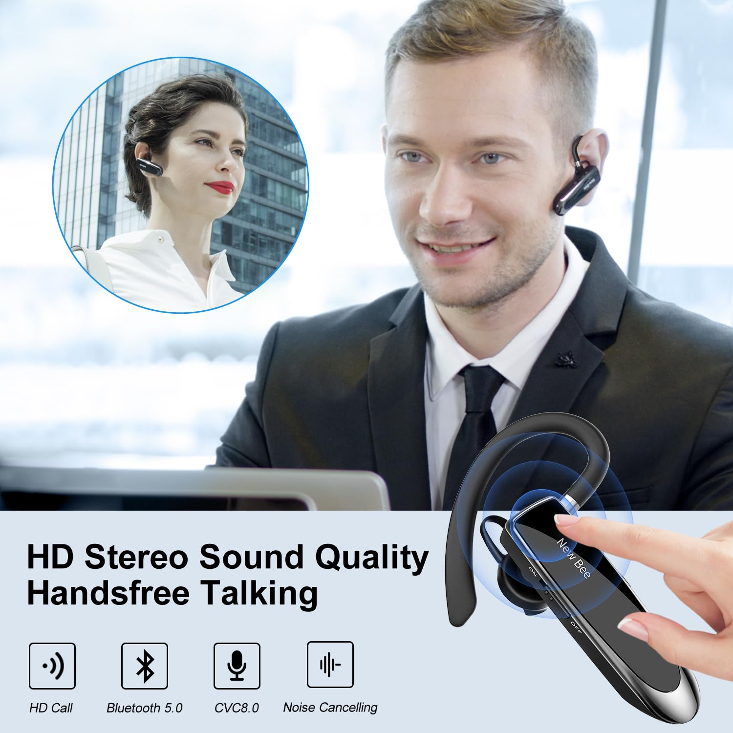 New bee Handsfree Bluetooth Earpiece, Wireless Bluetooth Headset with Microphone 60 Days Standby Headphones with Microphone for iPhone, Samsung, HTC, LG, Sony, PC (Black)