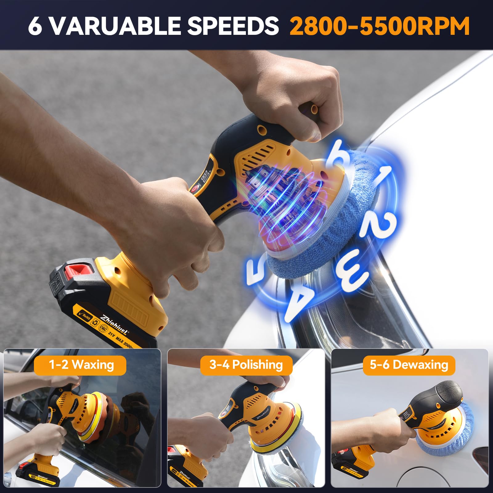 ZhiehiusL Cordless Car Buffer Polisher Kit, 6IN Cordless Car Polishers And Buffers with 2 21V 2.0Ah Batteries, 6 Variable Speeds Up to 5500 RPM, Auto Buffer Polisher for Car Detailing Polishing Waxing