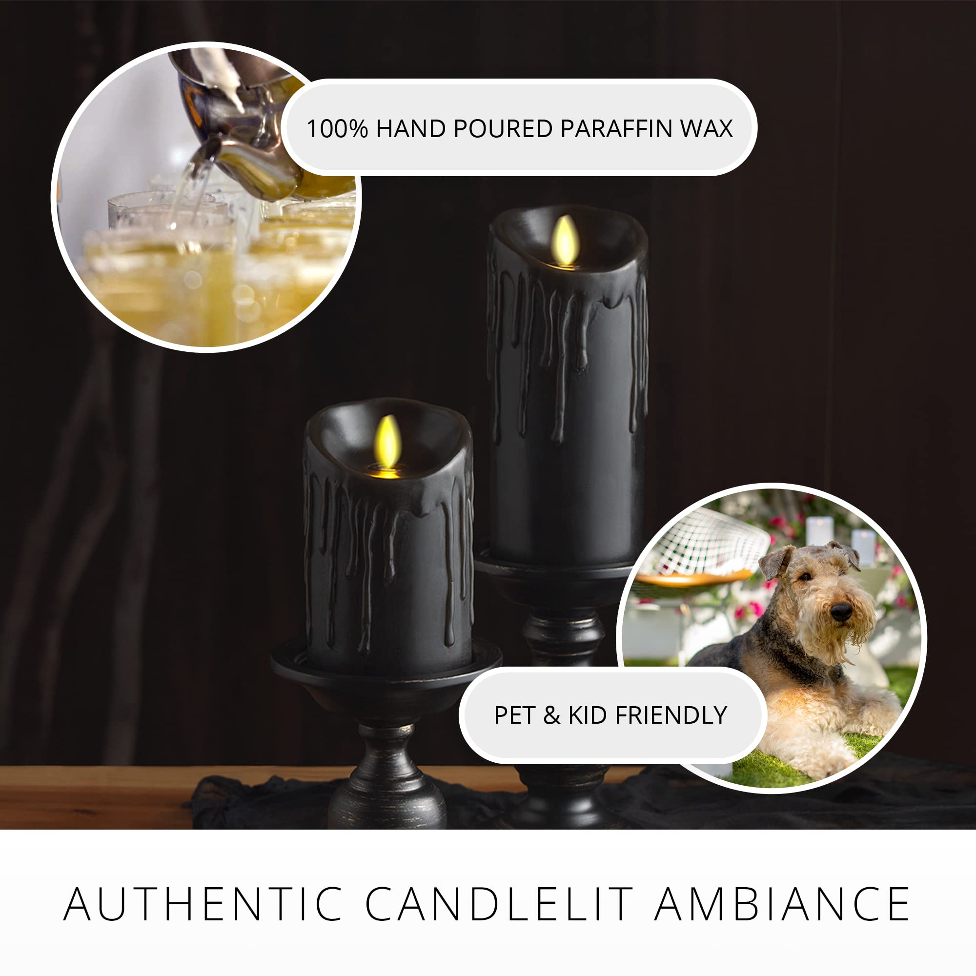 Luminara Black Wax Drip Flameless Candle LED Battery Operated Moving Flame Lights Pillar Unscented Real Wax with Dripped Edge, Timer (3 x 6.5 inch)