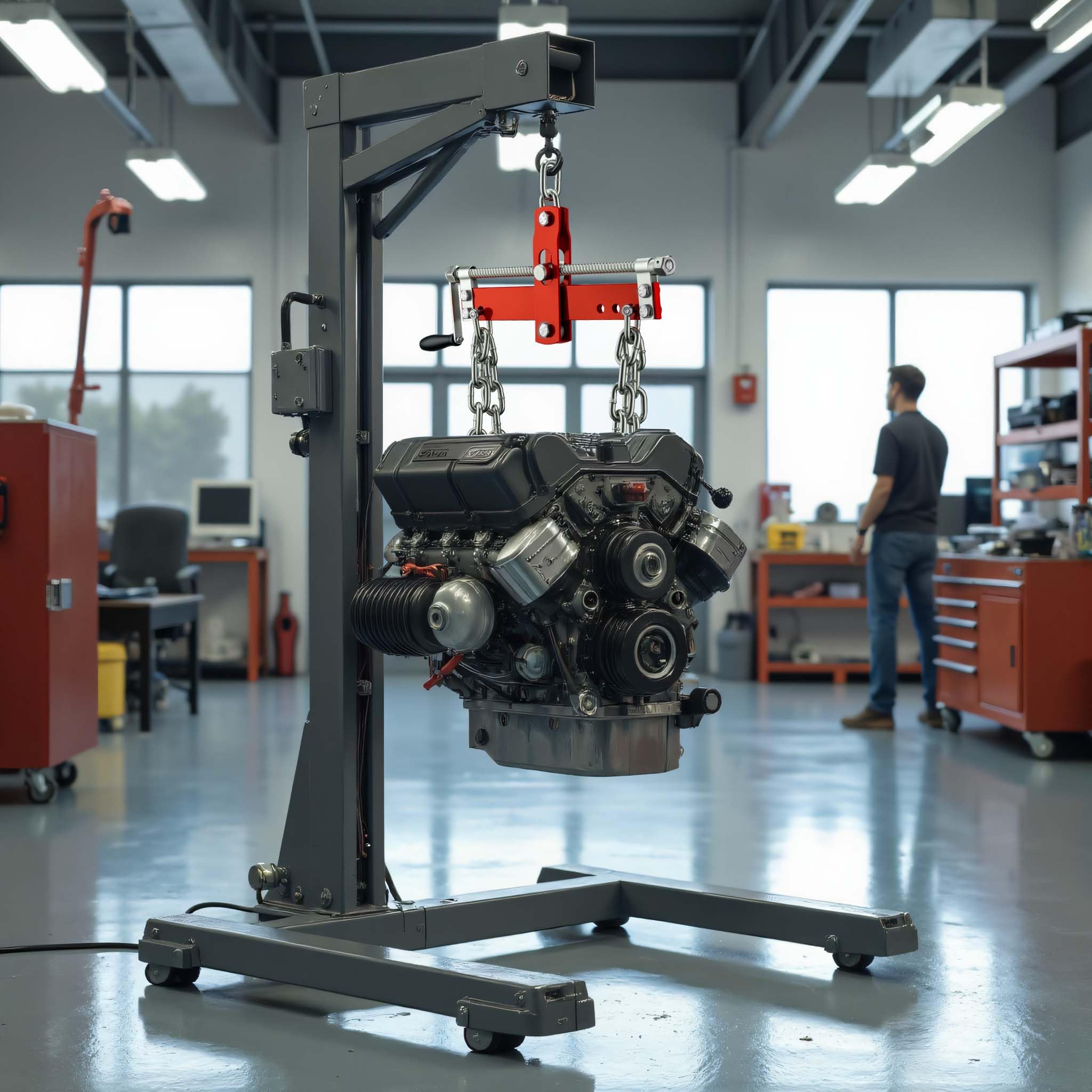 WilTec Solid Steel Engine Load Leveller - 750kg Max, Easy To Connect To Workshop Crane & Engine Stand, Includes four Chains with Safety Hooks