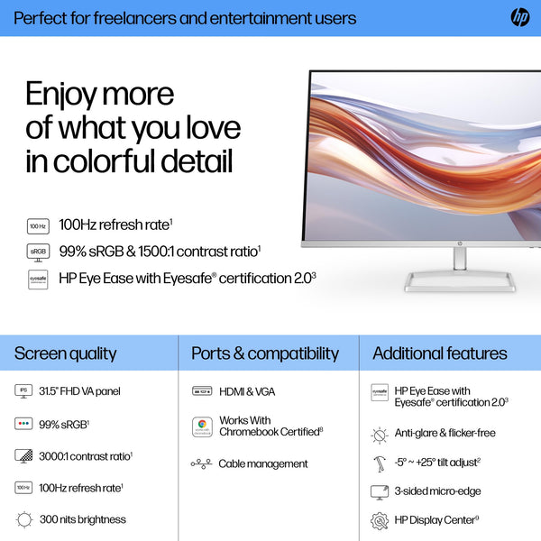 HP Series 5 27" FHD Height Adjust Monitor (527sh) - 100Hz Refresh Rate, 1500:1 AR, 99 percent sRGB Spectrum, 300 Nits Brightness - HDMI, VGA Ports - Ergonomically Adjustable - Responsibly Made