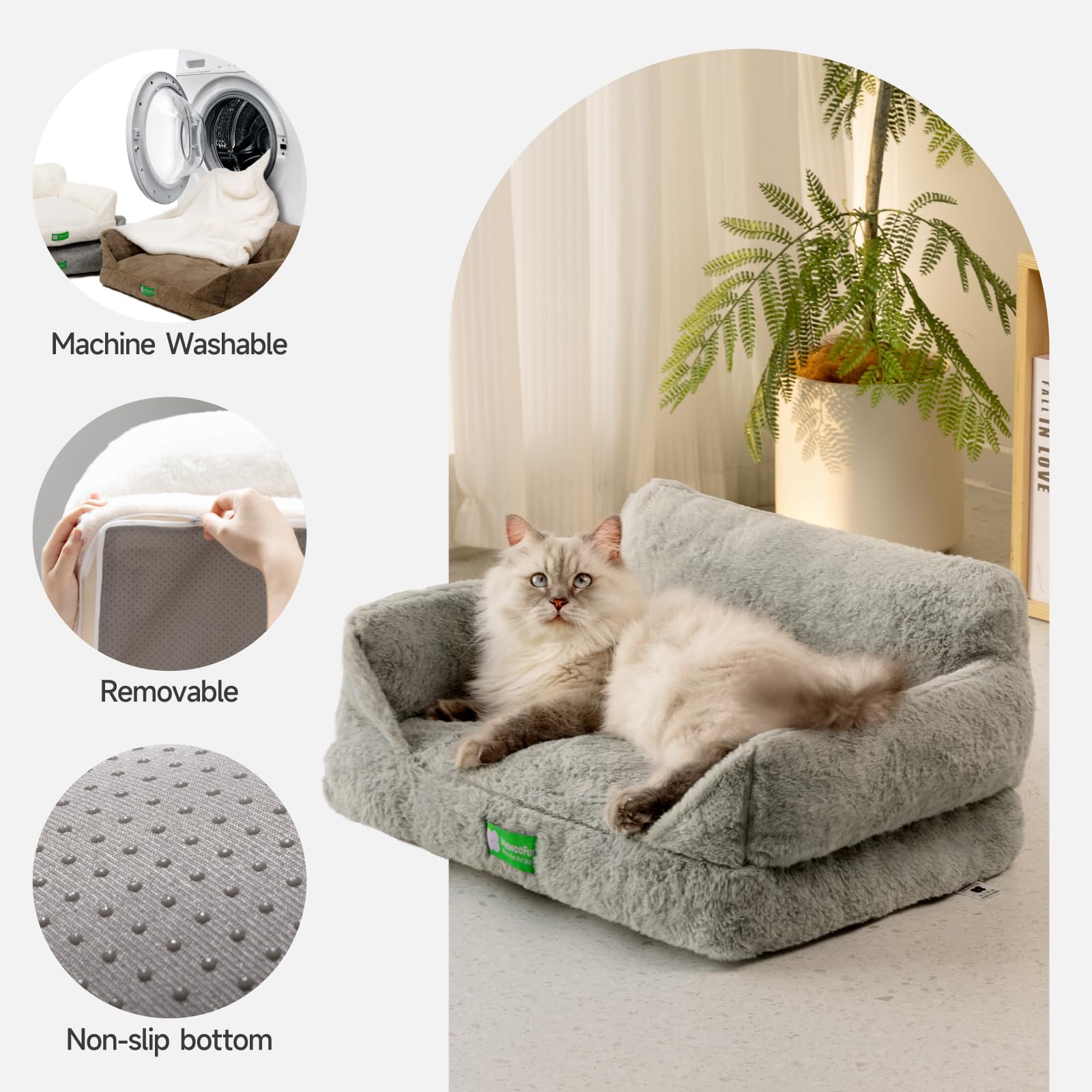 MEWOOFUN Cat Sofa Cat Bed for Indoor Cats, Kitten Bed Pet Sofa with Removable Washable Cover and Non-Slip Bottom for Small Dogs, 55x40cm Grey
