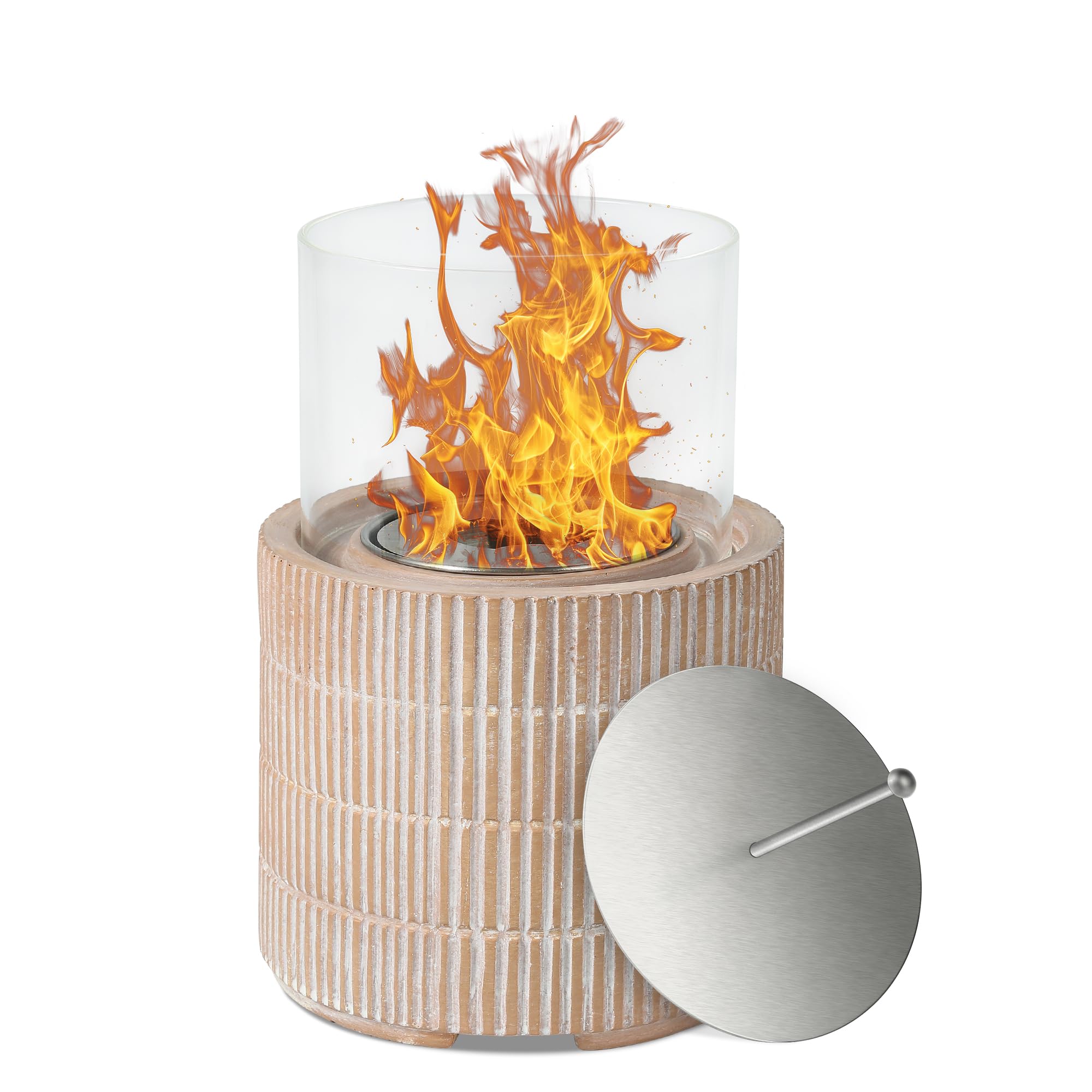 VOSSMOON Tabletop Fire Pit, Bioethanol Table Top Fire Bowl, Portable Round Fireplace indoor or Outdoor, Concrete Table Top Patio Heater Ethanol Burner with Tempered Glass for Potluck or Camping, Black