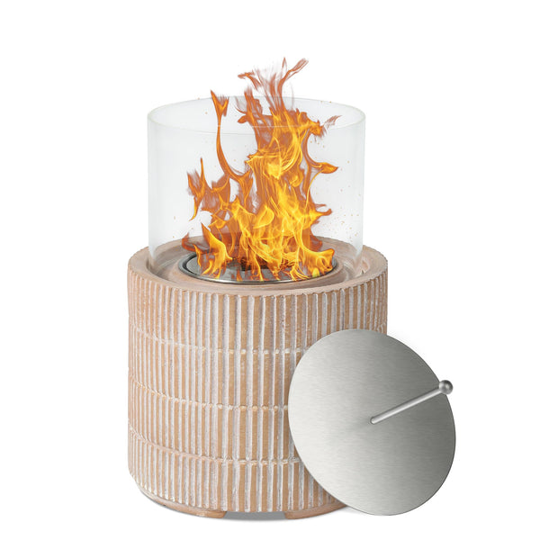 VOSSMOON Tabletop Fire Pit, Bioethanol Table Top Fire Bowl, Portable Round Fireplace indoor or Outdoor, Concrete Table Top Patio Heater Ethanol Burner with Tempered Glass for Potluck or Camping, Black