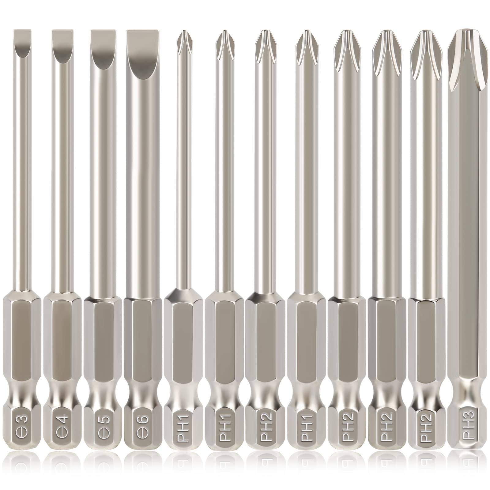 Hakkin 12PC Screwdriver Bits Set - S2 Steel, Magnetic, 3 Inch Slotted & Phillips, 1/4" Hex Shank for Power Screwdriver, Drill, Impact Driver