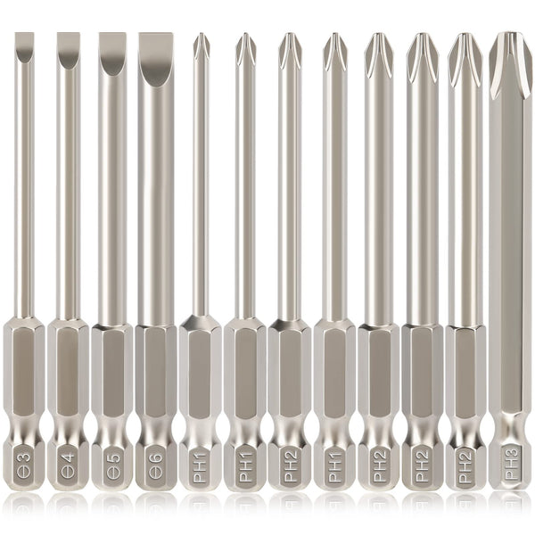 Hakkin 12PC Screwdriver Bits Set - S2 Steel, Magnetic, 3 Inch Slotted & Phillips, 1/4" Hex Shank for Power Screwdriver, Drill, Impact Driver