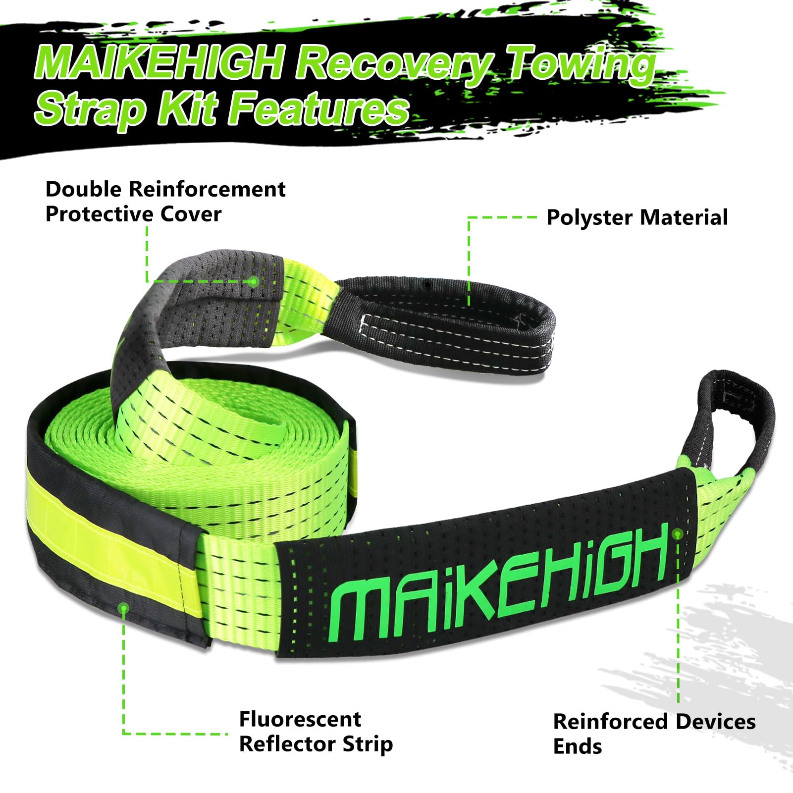 MAIKEHIGH Towing Rope 15 Ton (33,700 Lbs), 6M x 7.6cm Off-Road Recovery Tow Strap with 2 Gloves for Car, Truck, SUV, Snow (Green)