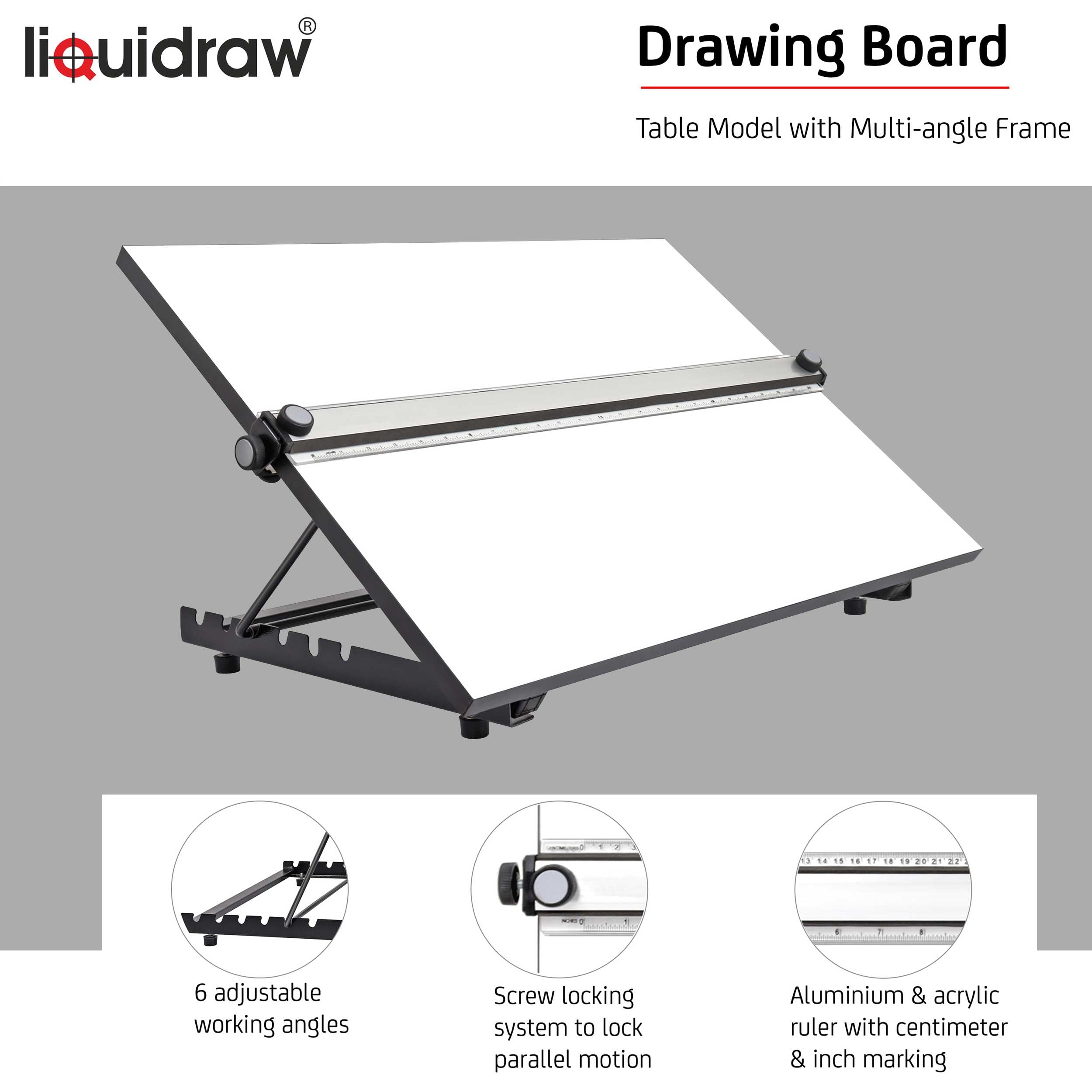 Liquidraw A3 Drawing Board Parallel Motion, Table Model with 5 Adjustable Working Angles, Includes Drawing Board Clips & Set Square