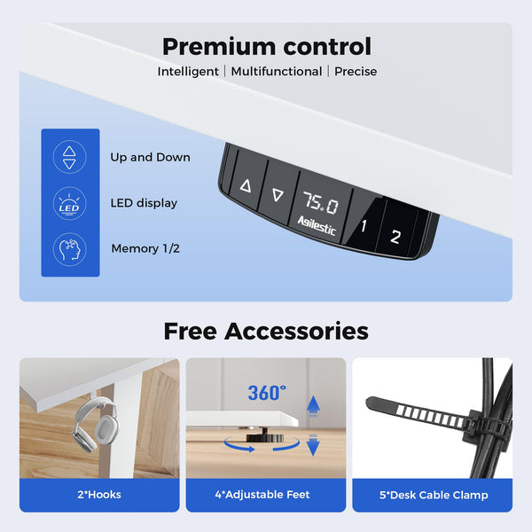 Agilestic L-Shaped Electric Standing Desk, 140cm Height Adjustable Sit-Stand Desk for Home Office, Ergonomic Computer Desk with Spliced Board, White