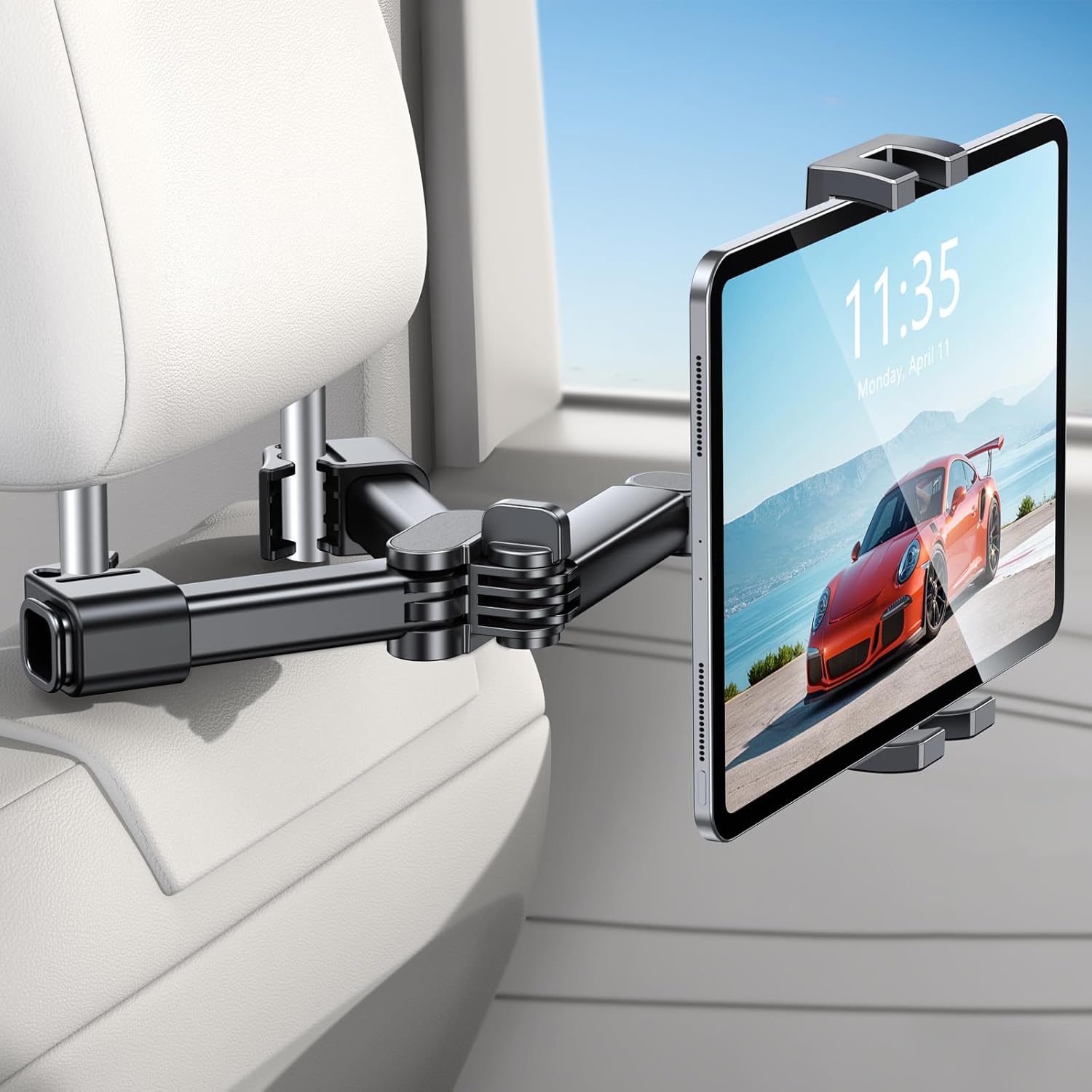Rolgno Tablet Holder for Car, [Folding Extension Arm] Adjustable Headrest Holder Stand for Kids, Tablet Mount Back Seat Compatible with iPad Pro/Air/Mini, Galaxy Tab & 4.7-12.9" Devices