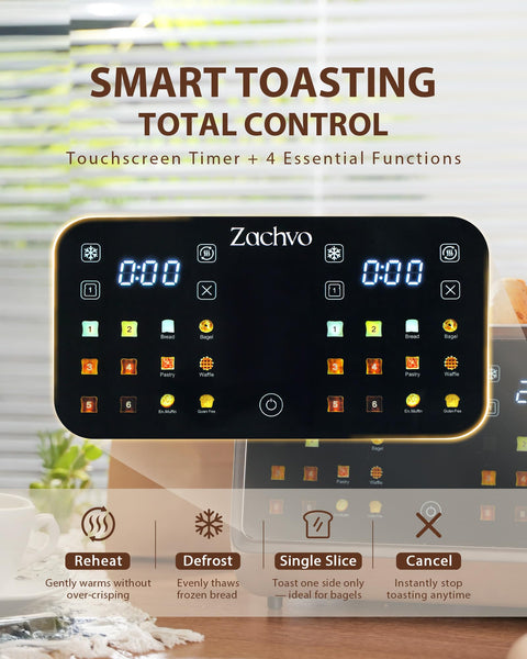 ZACHVO Toaster 4 Slice with Independent Dual Controls & Extra-Wide 1.45" Slots – Smart Touchscreen Toasters with 6 Browning Levels, Auto Shutoff, Defrost & Reheat, Sandwich Clip & Warming Rack