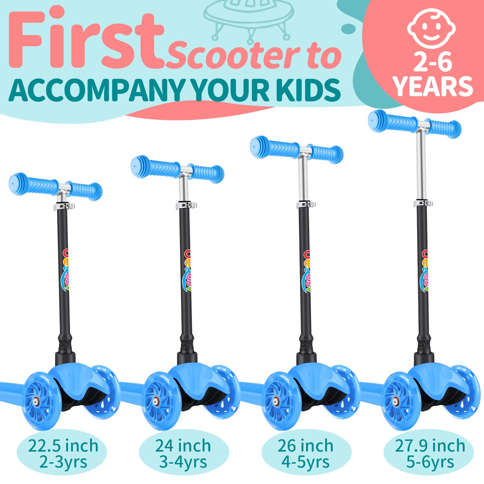 BELEEV Scooter for Kids Ages 2-6, 3 Wheel Scooter for Children Toddlers Girls Boys, Light-Up Wheels, 4 Adjustable Height, Lean to Steer, Non-Slip