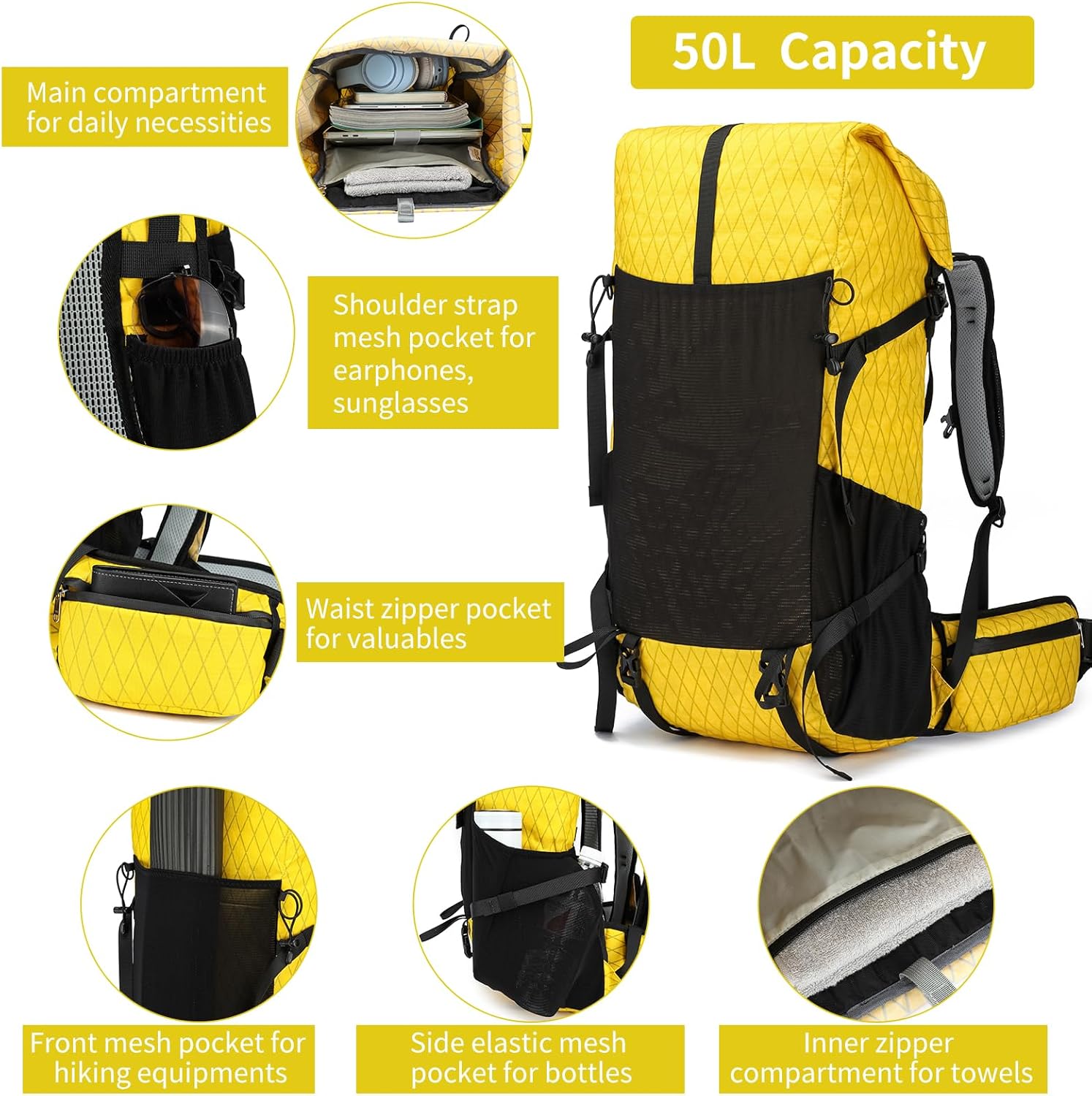 POWER KING 40L Expandable TO 50L Hiking Backpack,Upgraded X-PAC Scratch-proof Lightweight Large Rucksack for Mens Women, Outdoor Roll Top Camping Packsack, Fit for 15.6'' Laptop