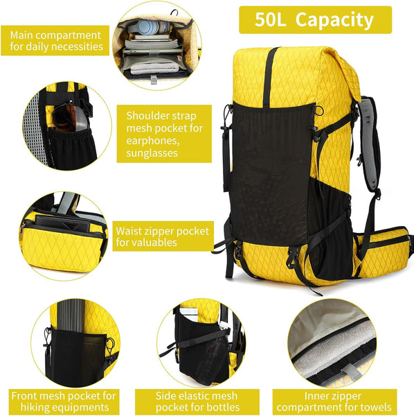 POWER KING 40L Expandable TO 50L Hiking Backpack,Upgraded X-PAC Scratch-proof Lightweight Large Rucksack for Mens Women, Outdoor Roll Top Camping Packsack, Fit for 15.6'' Laptop