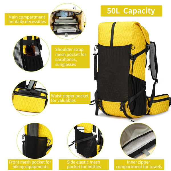 POWER KING 40L Expandable TO 50L Hiking Backpack,Upgraded X-PAC Scratch-proof Lightweight Large Rucksack for Mens Women, Outdoor Roll Top Camping Packsack, Fit for 15.6'' Laptop