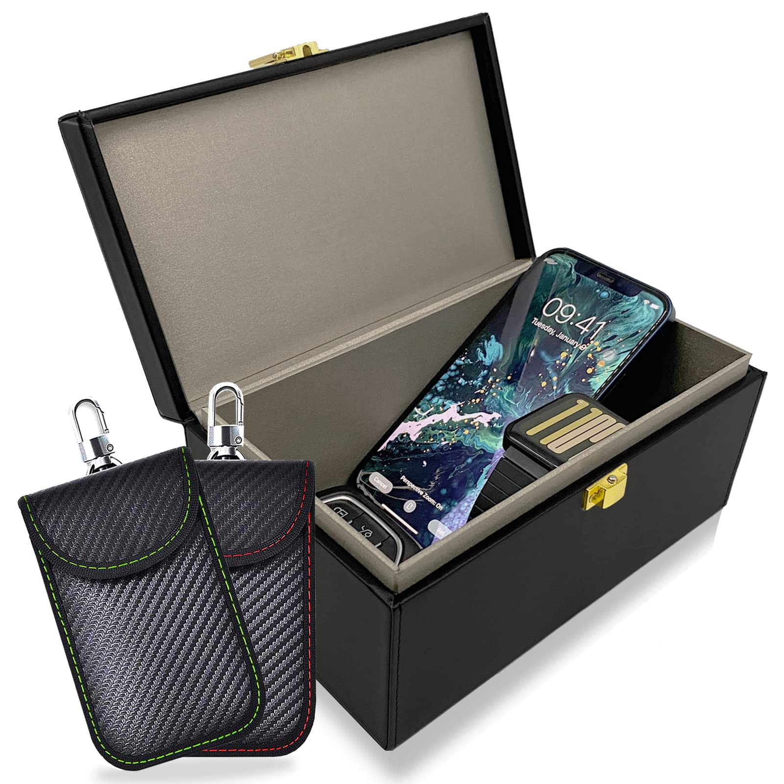 Faraday Box & 2 Pack Faraday Pouch for Car Keys,Small Faraday Bag for Key Fob Protector,Anti-theft Car Key Signal Blocker Box for Keyless Entry