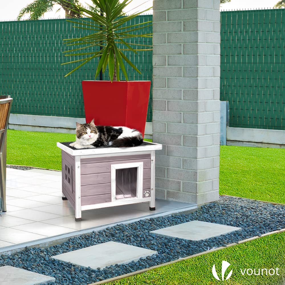 VOUNOT Cat House Outdoor with Kennel Door Privacy Window Cat Wooden Shelter 57x45x43cm, Grey