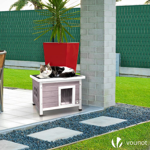 VOUNOT Cat House Outdoor with Kennel Door Privacy Window Cat Wooden Shelter 57x45x43cm, Grey