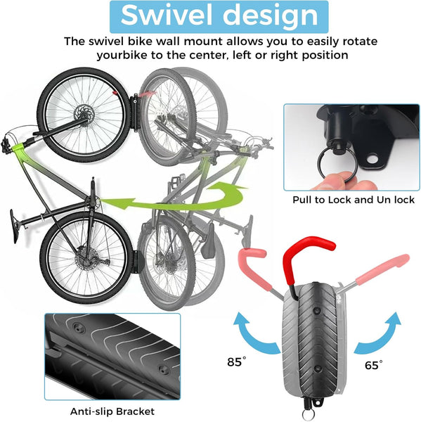 Domigard Swivel Bike Wall Mount,Vertical Bike Rack Wall Hanger Holds up to 66lbs,Bike Hangers MTB & Road Bike for Garage, Easy to Install (2 Pack)