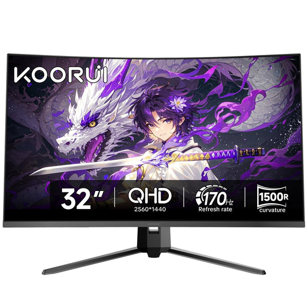 KOORUI 32 inch Curved Gaming Monitor,1440p(2560x1440),170Hz.1ms, 2K, QHD,VA 1500R, HDR10,Adaptive Sync, VESA & Eye Care Ultra-Thin Support DP/HDMI