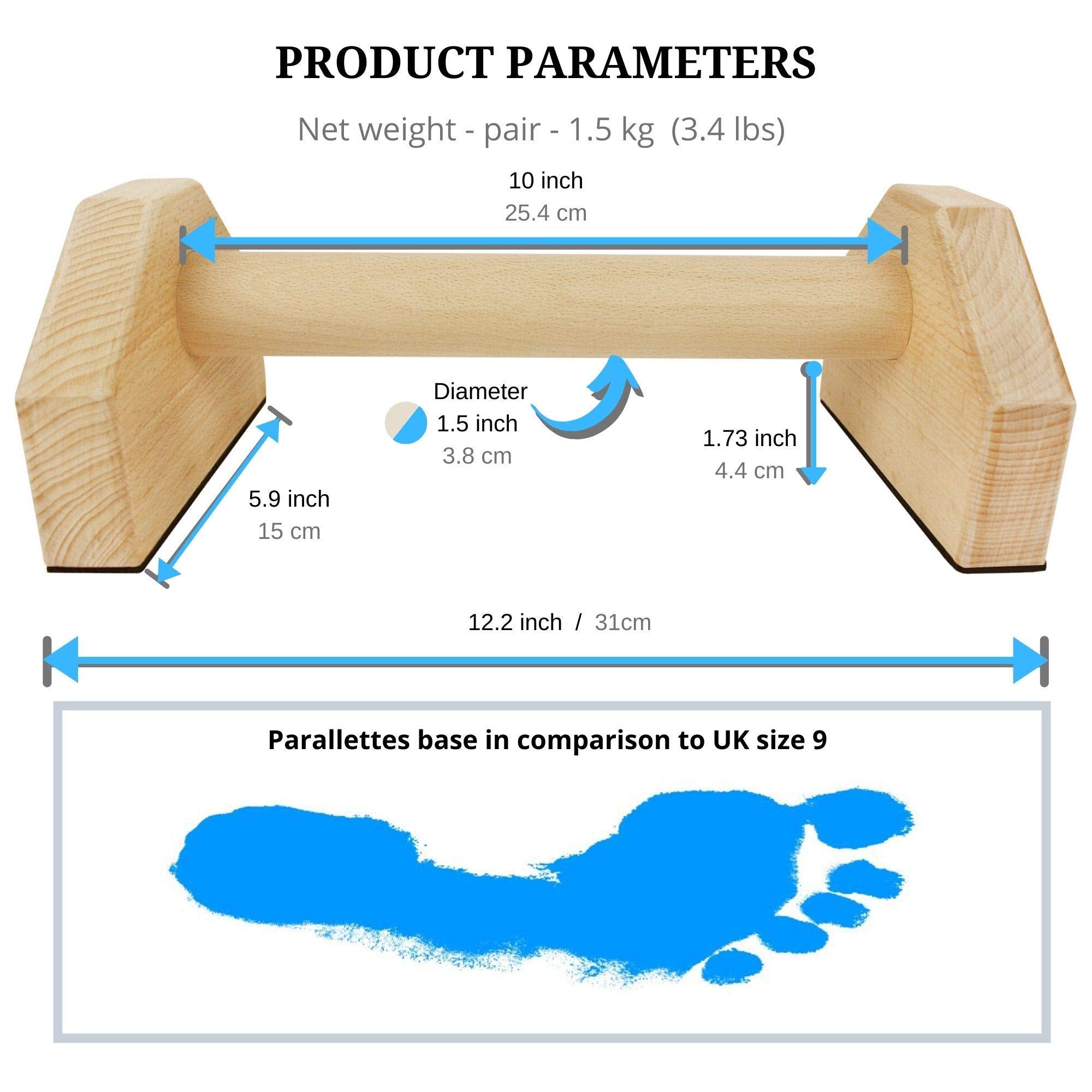 CALI SPORTS Calisthenics Wood Parallettes Bars | Push Up Bar That Will Not Slip or Wobble | Wrist Wraps Included (Small)