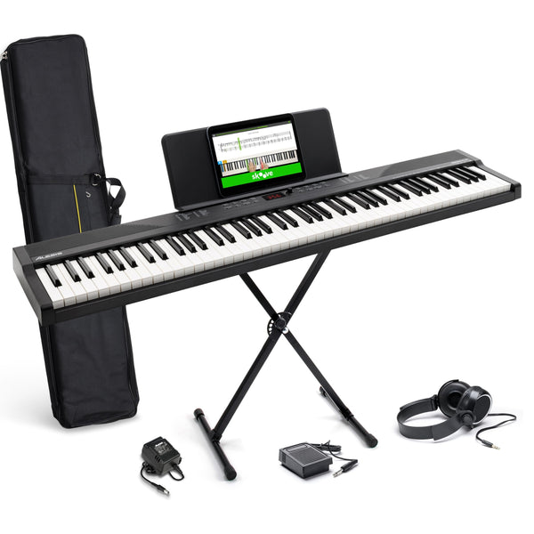Alesis 88 Key Keyboard Piano with 480 Sounds, Speakers, USB MIDI, Sheet Music Tablet Rest, Power Adapter and Piano Lessons for Beginners
