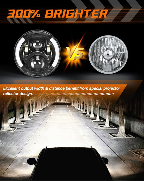 CO LIGHT 7 Inch LED Headlight Round Half Halo Angel Eyes DRL Amber Turn Signal Lights DOT and E-Mark Approved, H6024 LED Headlights with H4 H13 Adapter Compatible for Wrangler JK TJ LJ CJ, 2PCS