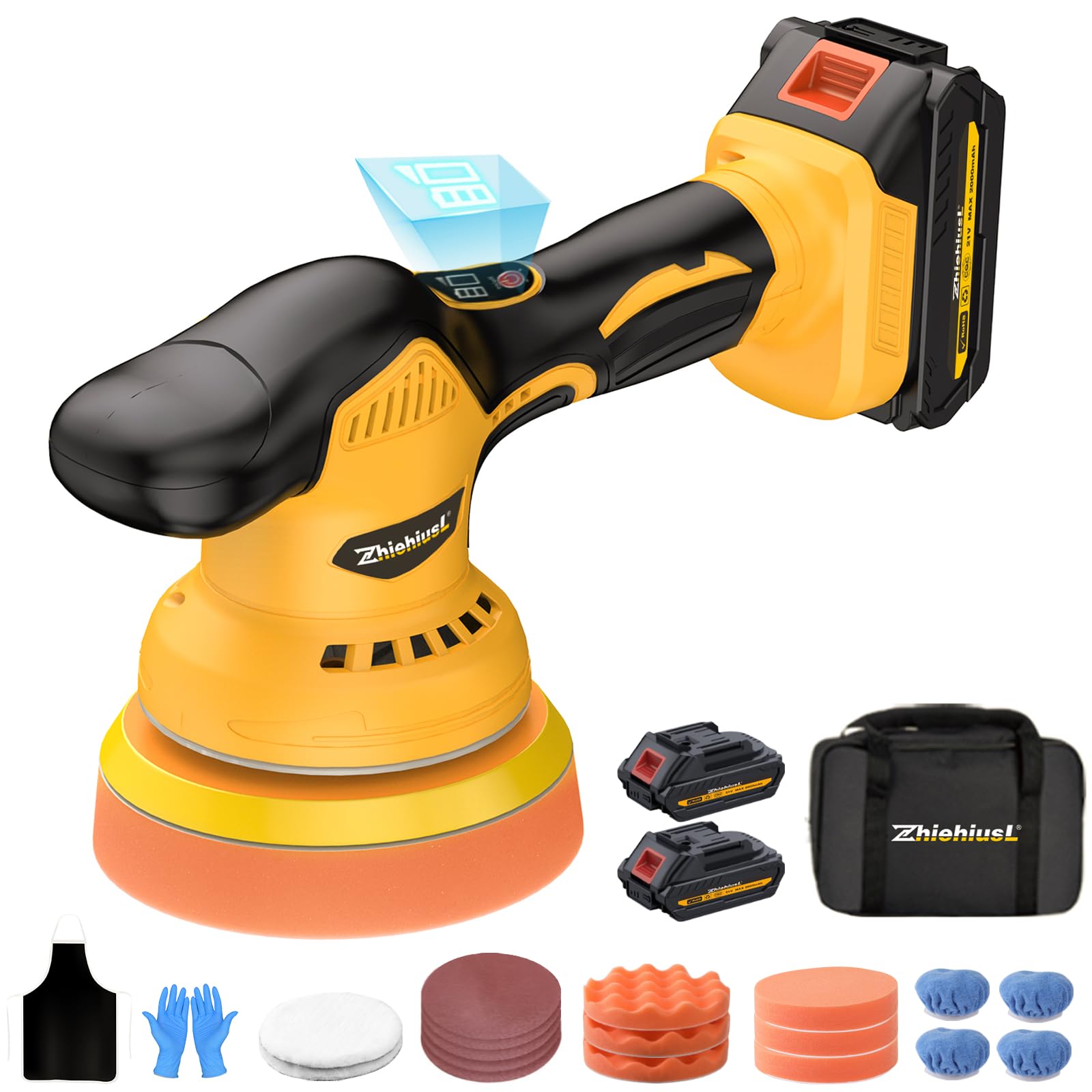 ZhiehiusL Cordless Car Buffer Polisher Kit, 6IN Cordless Car Polishers And Buffers with 2 21V 2.0Ah Batteries, 6 Variable Speeds Up to 5500 RPM, Auto Buffer Polisher for Car Detailing Polishing Waxing