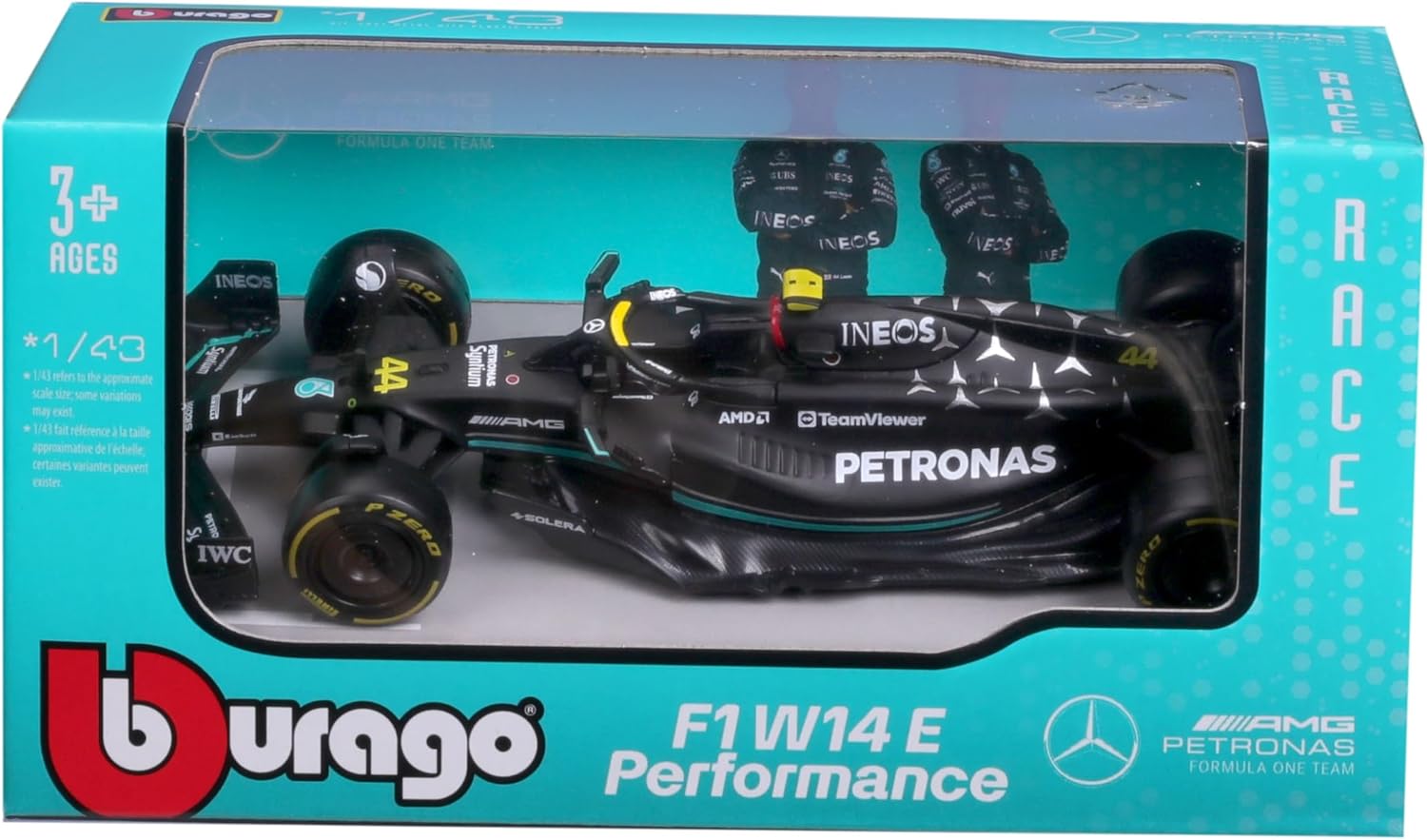 Bburago Formula 1 F1 MB W14 2023 (Hamilton) Race Car - 1:43 Scale - Incredibly Detailed Die-Cast Replica Collectible Model Vehicle, Black